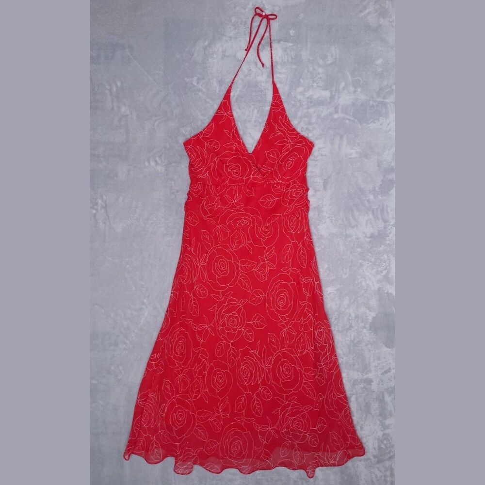 RABBIT DESIGNS Red Rose Floral Halter Midi Dress Size 10 Chiffon Lined Tie Back
